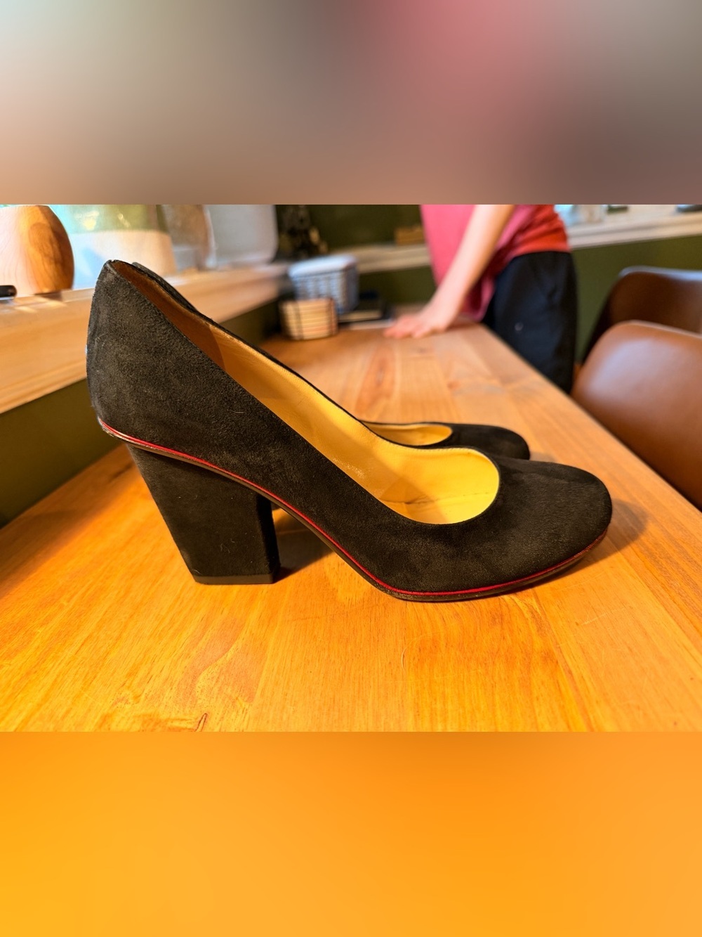 kate spade Vero Ouoio Black Suede Block Heel Pumps with Red Sole Accent - Picture 2 of 6